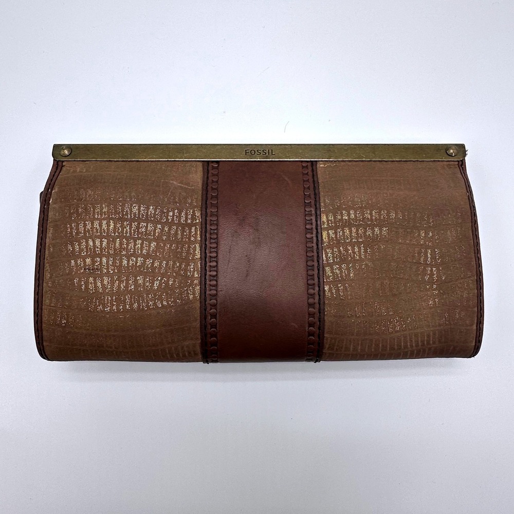Fossil Live Vintage Brown Leather Gold Croc Embossed Frame Clutch Wallet SL3985